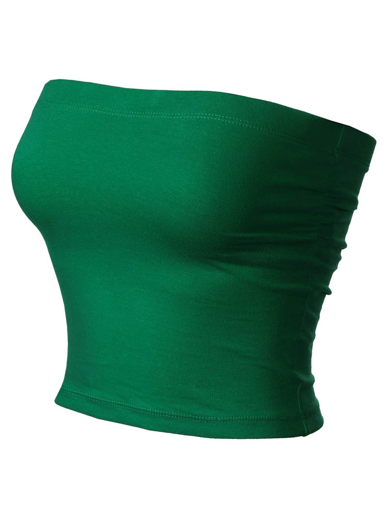 MixMatchy Women's Solid Casual Summer Ruched Side Backless Double Layered Tube Top with Built in Bra Kelly Green - Image 2